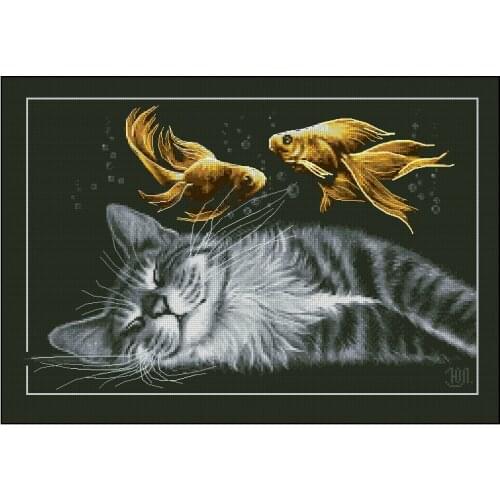 FREE delivery Top Quality popular counted cross stitch kit dream, kitty cat and fish, cat dream of fish