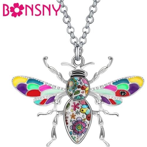 Bonsny Enamel Alloy Honeybee Bee Necklace Long Cute Inset Animal Pendant Jewelry For Women Girls Lover Trendy Gift Accessories