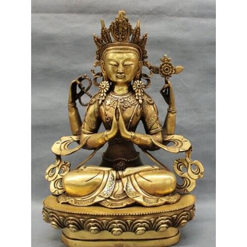 Fast shipping USPS to USA S1353 17" Tibet Brass Buddhism Pray Blessing Kwan-Yin 4 Hands Chenrezig Buddha Statue