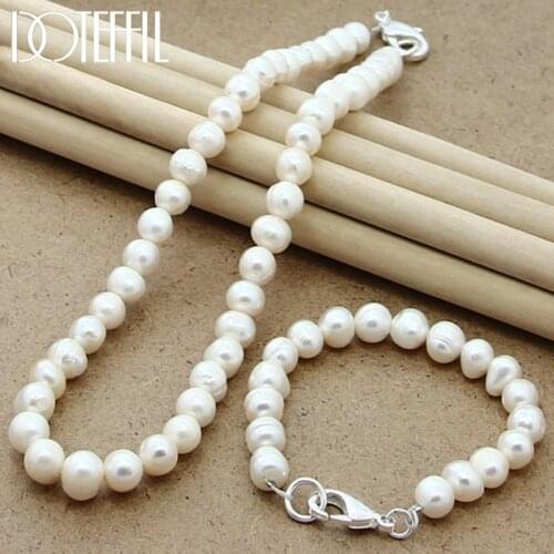 DOTEFFIL 8mm Natural Pearl Beaded Chain 925 Silver Buckle Necklace Bracelet Set For Women Wedding Engagement Party Jewelry