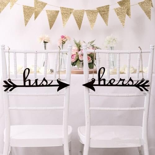 Black Acrylic His and Hers Arrow Wedding Chair Signs, 14"x5" Wedding Decorations