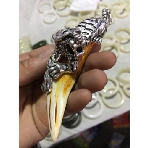 Chinese Antique Boars Tooth Wild Hog Silver Dragon Protective Talisman Pendant Collection Ornaments Statues for Decoration