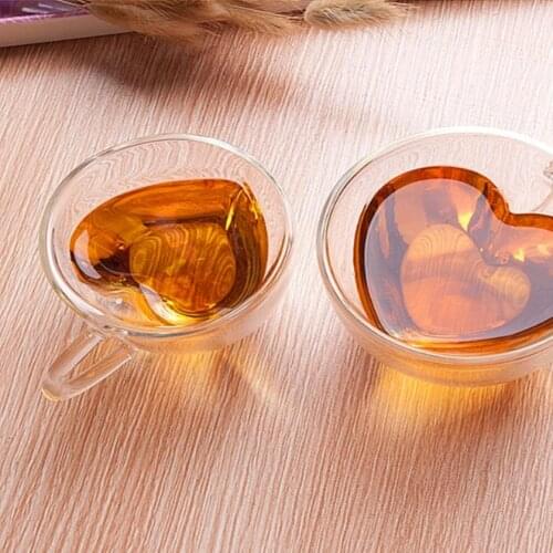 Creative 180-240ml Inlay Heart Glass Coffee Cup Double Wall Juice Cup Microwave Dishwasher Safe Glass Milk Mug Household Utensil