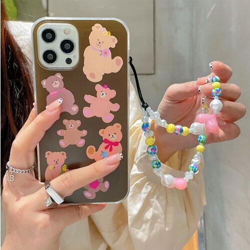 Korean ins Cute Bears Pearl Bracelet Chain Phone Case for iPhone 12 11 Pro Max XR XS X 7 8 Plus SE2020 Soft Silicone Cover
