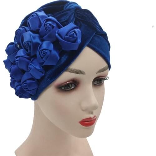 Trendy Rose Flower Turban Bonnet for Women Velvet Hijab Caps Muslim Headscarf Female Head Wraps African Hat