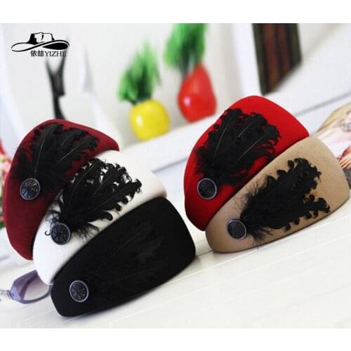 Autumn and Winter New Feather Beret Stewardess Cap British Bowler Hat Wool Cap Womens Luxury Hat Women Hats