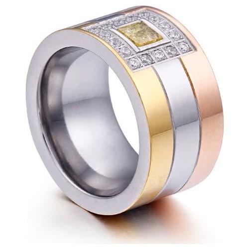 Big 12mm width Luxury gold color wedding band couple rings thumb cubic zirconia ladies ring for women Designer fashion jewelry