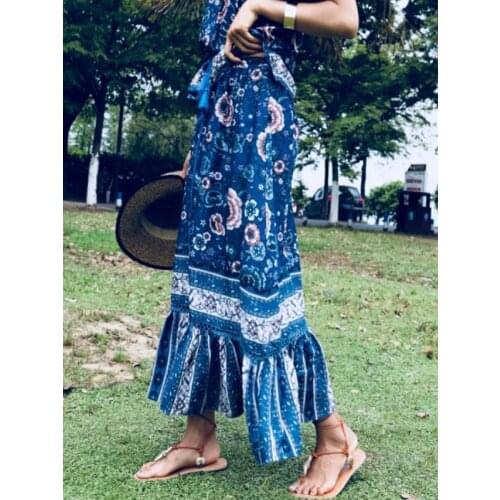 Blue Boho Skirt Printed Summer Skirt for Women