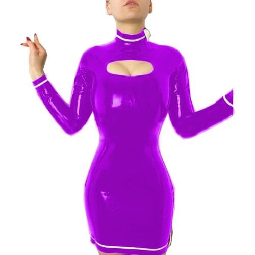 Sissy PVC Dress Bodycon Long Sleeve Mini Dress with Bow Women Men french maid bodycon dress Hollow Out Chest Vestido S-7XL