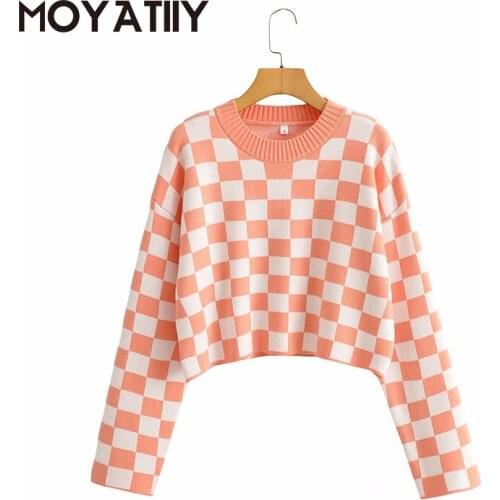 MOYATIIY Fashion Women Sweaters Candy Color Spring Autumn Pullovers Loose Vintage Plaid Print Jumper Wide Sleeve Female Tops