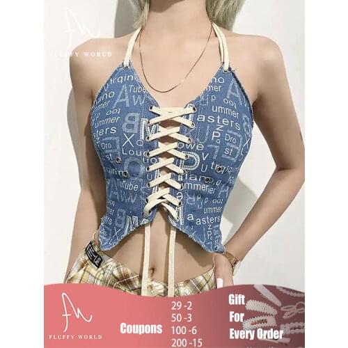 Sexy Imitation Jean Crop Top for Women Vintage Backless Lace-up Camisole Letter Printing Halter Vest Club Party Wear Tank Tops