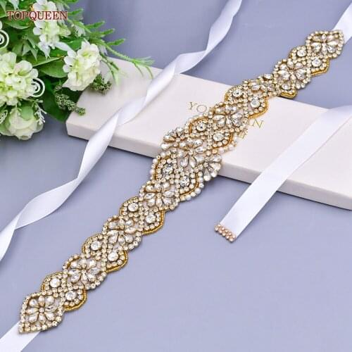 TOPQUEEN S161B-G Bride Dress Belt Golden Belt Women Saree Belt Wide Belt with Rhinestones Woman Belts for Dress Wedding Belts