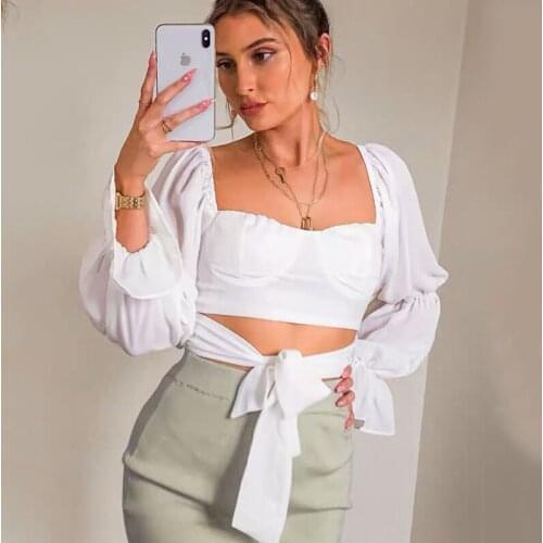 Foridol sexy lace up white crop top blouse women long sleeve autumn winter slim vintage blouse shirts 2020 new backless top