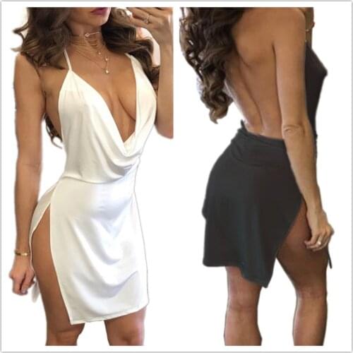 Gothic Black Sexy Women Low Halter Neck Black White Velvet Split Slim Dress Goth Female Spaghetti Straps Mini Dresses