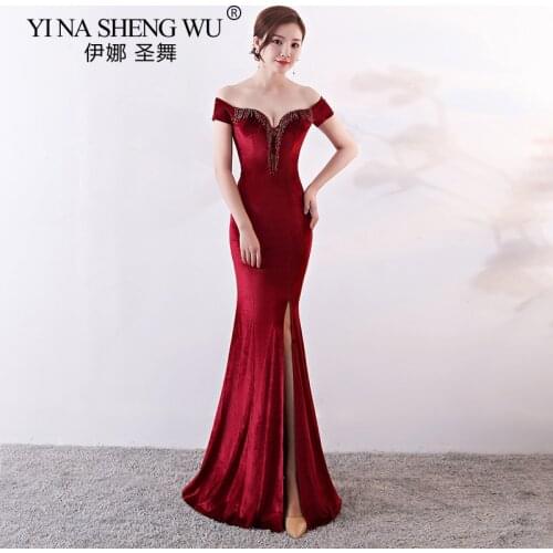 New Velour Mermaid Long Gown Simple Birthday Party Sexy Boat Neck Beading Side Split Burgundy Prom Banquet Party Dress Vestido