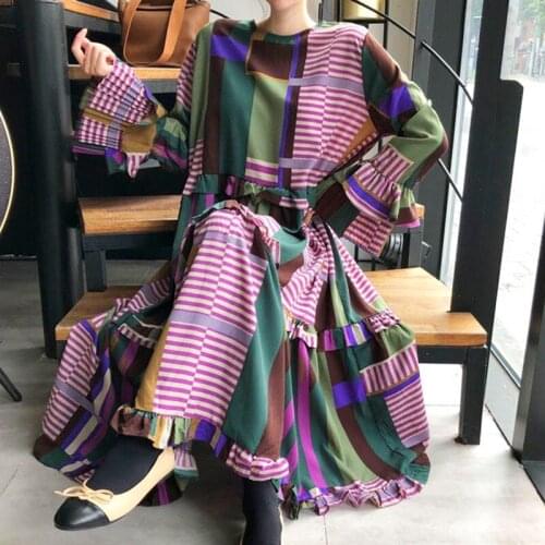 Women Dress 2021 Spring Loose Vintage Casual O Neck Patchwork Flared Sleeves Korean Pleated Ruffles A-Line Female Vestidos Robe