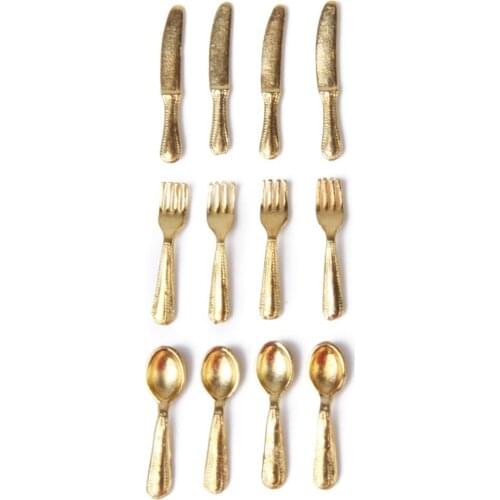 1/12 Doll House Miniature Stainless Steel Tableware Set 12 Items Gold