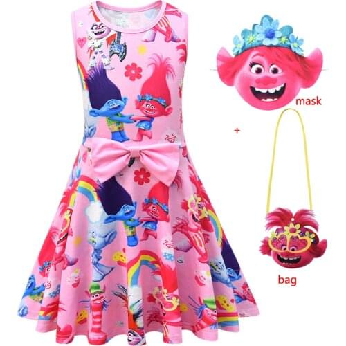 2021 Summer Kids Clothes Girls Princess Dresses Trolls Cosplay Costume Children Birthday Party Clothing Sleeveless Dress and Bag