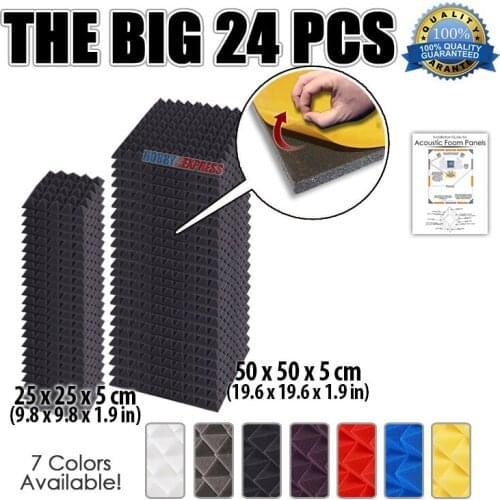 Arrowzoom 19.6*19.6*1.9" / 9.8*9.8*1.9" 24 pcs Set Adhesive Pyramid Acoustic Studio Panel Sound-Absorbing Tile Foam KK1053