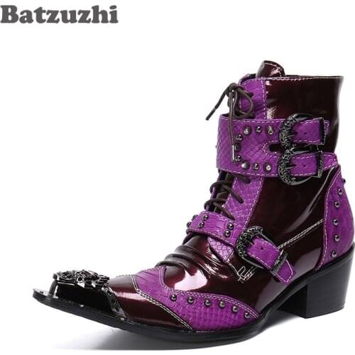 Batzuzhi Ankle Genuine Leather Boots Men 6.5cm Heels Punk Botas Hombre Pointed Metal Toe Motorcycle Men Boots Bota Masculina