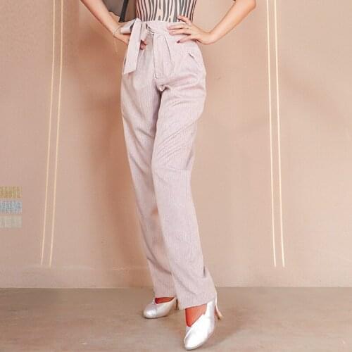 Latin Dance Pants Women Stripe Straight Trousers Salsa Ballroom Dancing Practice Wear Tango Performance Stage Costume VDB4164