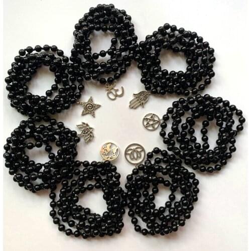 Natural Black Obsidian Stone Prayer Beads Mala 108 Beads Necklace Lotus Om Pentagram Fatima Hand Star Pendant Knotted Beads 1pc