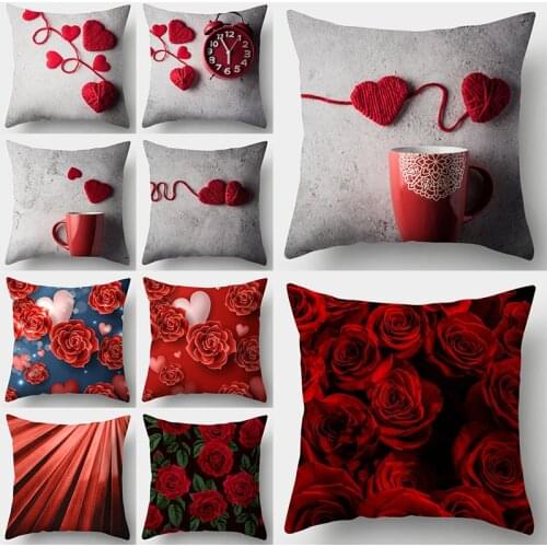 WZH Red Heart & Flowers Cushion Cover 45x45cm Polyester Decorative Pillow Cover Sofa Bed Pillow Case