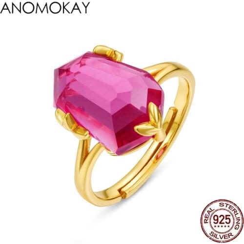 Anomokay Romantic Gold Color Leaf Prong Setting Rose Red Big Crystal Rings for Women Mom Lovers 925 Sterling Resizable Ring Gift