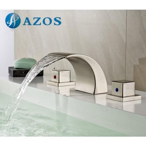 Bathroom Sink Faucet LED Waterfall Deck Mount Three Holes Hot and Cold Water Mixer Chrome Polished/ Nickel Brush 2 Color MPSK002