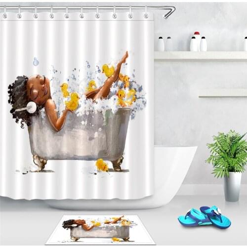 LB Afro Lady Shower Curtain African American Sexy Black Woman Lying on The Bathtub with Yellow Ducks Bubble Shower Curtain