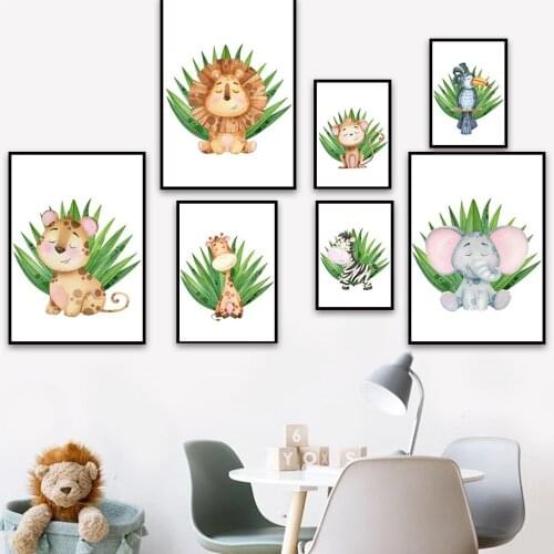 Leopard Elephant Lion Zebra Giraffe Monkey Bird Wall Art Canvas Painting Nordic Posters And Prints Wall Pictures Kids Room Decor