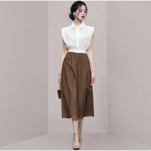 Summer Women Two Pieces Sets 2021 New Turn down Collar Single Breasted Crop Tops Shirt With Empire Brown Long Skirts Casual Sets