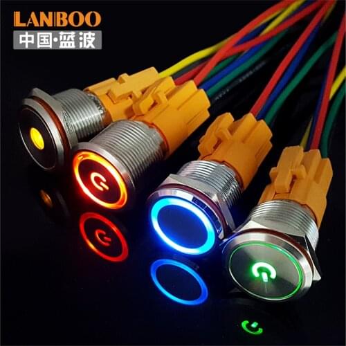LANBOO 19mm flat symbol Led Lighted Momentary or Latching Metal push button switch with IP65
