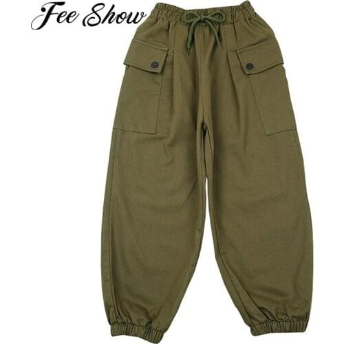 Kids Girls Summer Fashion Cargo Pants Trousers Elastic Waistband Drawstring Dungarees Pants for Exercise Sport Modern Dance Wear