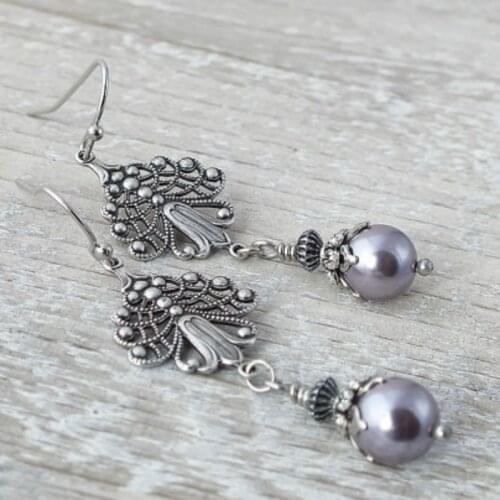 Fashon Women Jewelry Imitation Pearl Anqutie Silver Color Dangle Long Earrings Bridal Wedding Engagement Set Gifts