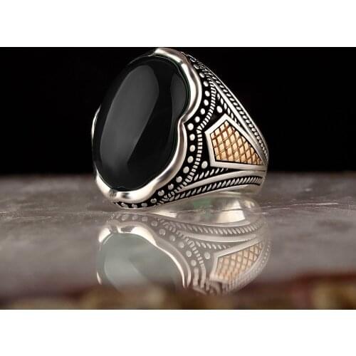 Solid 925 Sterling Silver Turkish Handmade Oval Onyx Mens Ring