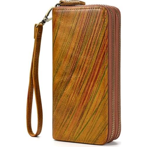 Men Genuine Leather Clutches Unisex Wrist Clutch Bag Head layer Cowhide Double Zipper Bags Male Business Long Wallet Coin Purse