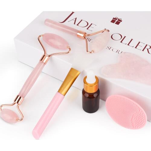 Rose Quartz Jade Roller Gua Sha Scraper Set Facial Massage Roller Face Slimming Wrinkle Removal Skin Care Tools with Gift Box