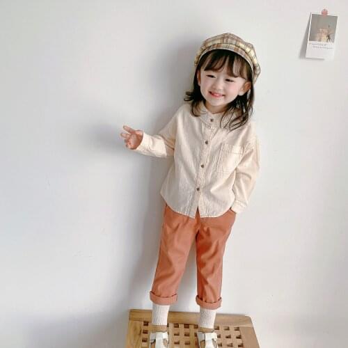 2021 girls spring and autumn clothes new Korean version 2-8 childrens beige baby long-sleeved thin coat stand-up collar shirt