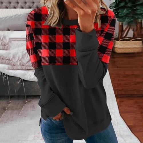 Autumn Women Long Sleeve O Neck Plaid Patchwork Loose Leisure Sweatshirt Blouse Pullover Tops