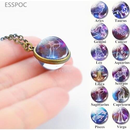 Fashion Retro Necklace12 Zodiac Signs Pendant Twelve Constellations Necklace leo Aries Virgo Taurus Crystal Glass Ball Necklace