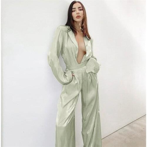 Sexy V-neck Two-Pieces Women Pajamas Suits Sets Elegant Satin Office Ladies Outfits Button Blouse And Pants High Street Suits