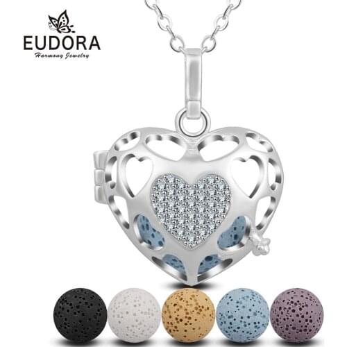 EUDORA 16mm Crystal heart hollow cage Pendant fit Lava Stone Chime ball Aromatherapy Essential Oil Diffuse Necklace K141