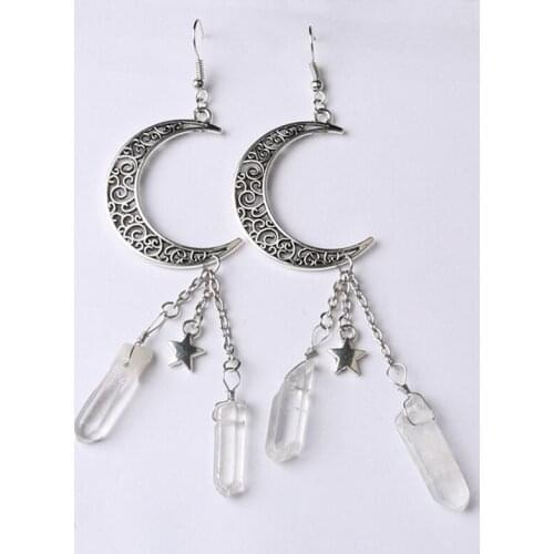 Silver Plated Crescent Moon Clear Quartz Crystal Witchy Earrings, Gothic occult Natural Crystal Accessories Jewelry Earrings