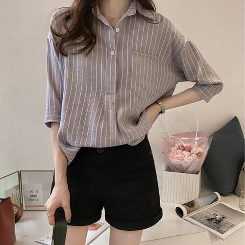 Pluse Size M-4XL Striped Women Shirt 3/4 Sleeves Loose Turn-down Collar Blouse Women Fashion 2021 Summer Female Shirts Chic Tops