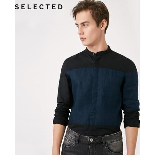 SELECTED cotton linen color matching fit business casual shirt |419105580