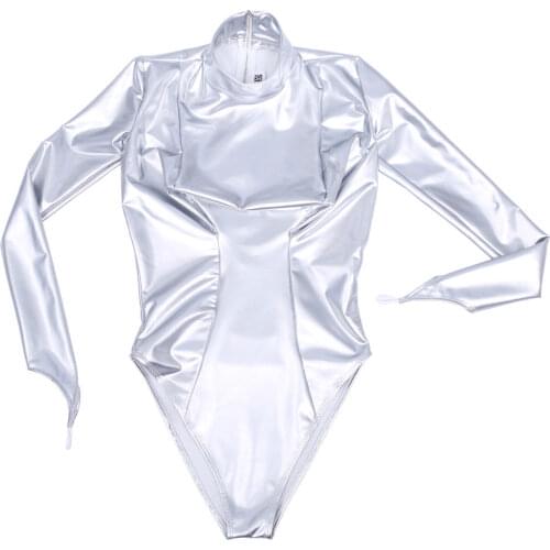Silver Exotic Soft Shiny PVC Top For Women Sexy High Cut Unitard Bodysuit Long Sleeve Tight Shaper Turtleneck Tops Stage Outfits