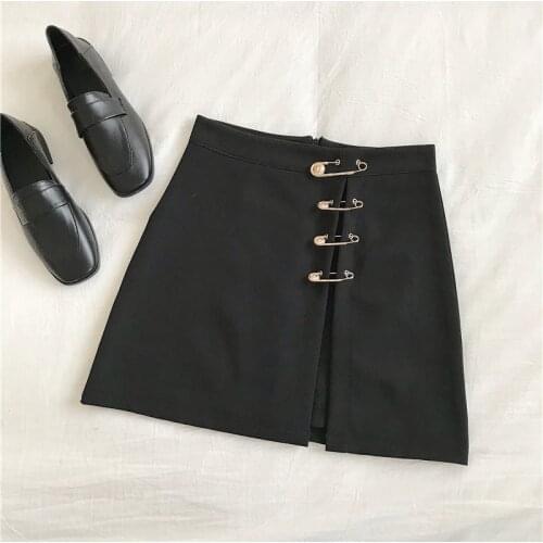Casual Korean Women High Waist Pin Buckle Mini A-Line Skirt Vintage Female Kawaii Students Solid Empire Above Knee Skirts