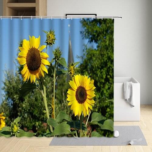 Sunflower Flower Plant Landscape Shower Curtain Floral Printing Bathroom Decor Screen Waterproof Fabric Bath Curtains With Hooks