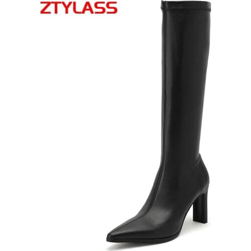 Spring Autumn Knee High Boots Pu Leather Women Square High Heel Long Boots Fashion Pointed Toe Zipper Winter Boots Shoes